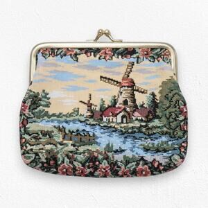 1960s Vintage Tapestry Coin Purse Windmill Scenic Kiss Lock Needlepoint Style
